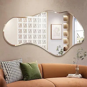 Irregular Wall Mirror, 28x50 Asymmetrical Wall Mirror, Frameless Asymmetrical Mirrors for Bathroom Entry Way Bedroom Living Room
