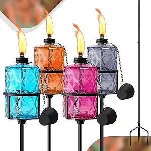 4 Pack Colorful Glass Garden Torch,60-Inch Outdoor Torch Garden Dcor, Upgraded 12 oz Citronella Torches with 3-Prong Grounded Stake,Metal Light Torches for Party Patio Pathway