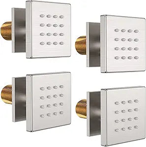 Shower Body Spray Jets, Brushed Nickel Brass Square Shower Body Sprayer Spa Massage Showerhead Wall Mount Nozzles NPT 1/2-4PCS (Brushed Nickel)