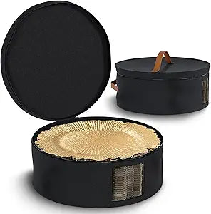 MAONAME Black China Storage Containers, 2 Pack Hard Shell Dinnerware Storage with 24 Felt Dividers for Charger Plates, Great for Platters and Serving Dishes, 14.5" W x 7" H