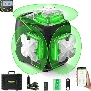 Huepar Laser Level 360 Self Leveling, 3x360 Green 3D Cross Line Laser with LCD Screen, Bluetooth Outdoor Pulse Mode Laser Tool for Construction -Remote Control, Rechargeable or 4 AA Batteries-S03CG