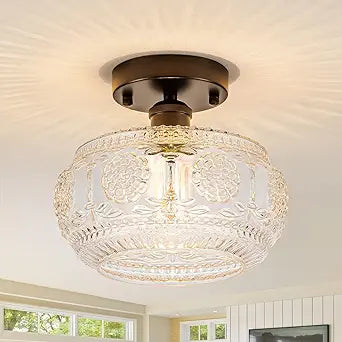 Semi Flush Mount Ceiling Light Fixture - Black Metal Base & Floral Glass Shade, Modern Vintage Lighting for Entryway, Bathroom, Kitchen, Bedroom (Bulb Not Included)