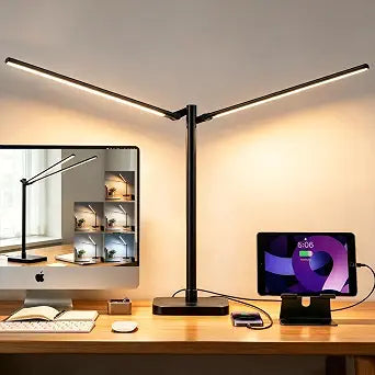 Desk Lamp for Office Home Dual Head 24W Swing Arm Reading Table Lamp Black