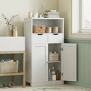 Vongrasig Bathroom Storage Cabinet, Wooden Floor Storage Organizer with 2 Drawers and Adjustable Shelves, Freestanding Pantry Cabinet for Bathroom, Living Room, Kitchen, Entryway, Farmhouse, White
