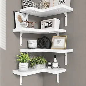 Venusmiles Corner Floating Shelves Set of 4, Wall Mounted L-Shaped Storage - Maximize Unused Corner Space in Bathroom, Kitchen, Bedroom, Office, Pearl White