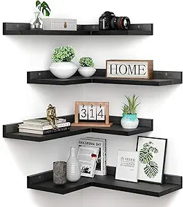 4 Tier Floating Corner Shelves Black Set of 4, Rustic Pine Wooden Floating Corner Wall Shelf for Wall Dcor Storage, L Shaped Corner Shelf Wall Mount For Bedroom, Living Room, Bathroom, Kitchen.