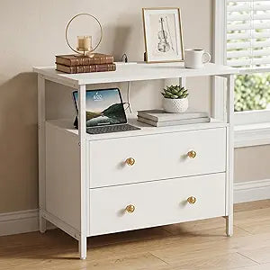 Edbuosy 27 inch Wide Night Stand with Charging Station, Bedside Table with Open Shelf, 2 Drawers Small Wood Dresser, Modern Wood Nightstand for Bedroom/Living Room (White)