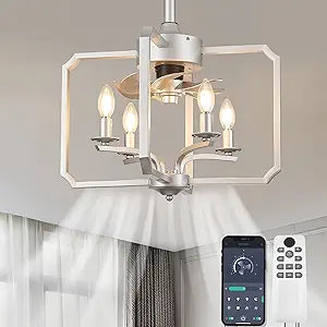 Chandelier Ceiling Fan, 20" Farmhouse Fandelier Ceiling Fans with Lights, Rustic Hanging Geometric Pendant Light Fixture for Bedroom, Dining Room, Kitchen Island, Foyer, Hallway-Silver