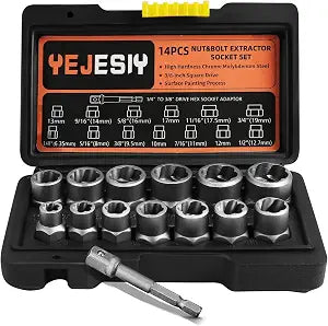 14PCS Premium Bolt Extractor Kit, Stripped Bolt Extractor Socket Set with 3/8 Inch Adapter, Easy Out Lug Nut Remover for Rusted, Rounded, Damaged Nuts Screws