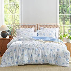 CCoutueChen Blue Bow Comforter Set Full 3Pcs Blue Floral Bedding Set for Girls Kids Romantic Princess Style Bowknot Bedding Ultra Soft Reversible Garden Flower Comforter Sets with 2 Pillowcases
