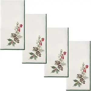 Karma, Merrowed Edge Cloth Dinner Napkins, Set of 4  Soft Reusable Fabric Napkins with Autumn Botanical Design for Thanksgiving, Harvest & Everyday Dining, Pinecone