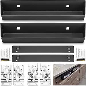 Zonon 2 Set 14 Inch Tip Out Tray for Front Sink Drawer with Hinges and Mounting Plate Includes Screws and No-Drill Adhesive, Metal Pull Out Storage Organizer for Kitchen Bathroom Cabinet