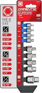 CARBYNE 9-Piece SAE Stubby Low Profile Hex (Allen) Bit Socket Set, 1/8 to 9/16 in., S2 Steel, Super Short Allen Sockets, Dual Drive Internal Square and External Hex for Tight Confined Spaces
