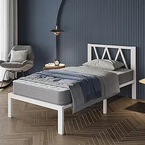 Avenco 14 Inch Twin Bed Frame with Headboard, White Metal Platform Bed Frame, Twin Size Bed Frame No Box Spring Needed, Easy Assembly, Heavy Duty Slats Support