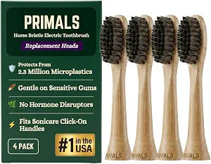 PRIMALS Horse Bristle Electric Toothbrush Replacement Heads (4-Pack) - Compatible with Philips Sonicare Click-On Handles - Softest Natural Bristles on Bamboo Base - Zero Nylon - Gentle Cleaning