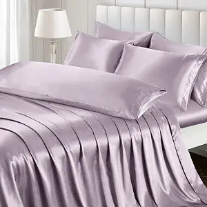 Ersmak 7 Pieces Satin Sheets Set Queen Size, Luxury Silky Lavender Satin Bed Sheets Set with 1 Deep Pocket Fitted Sheet, 1 Soft Flat Sheet, 4 Queen Pillowcases and 1 Body Pillowcase