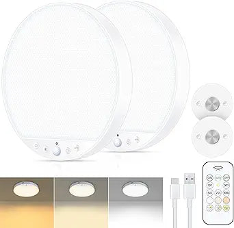 Rechargeable 8W Motion Sensor Ceiling Light Indoor, No Wiring & Magnetic Stick-On, Remote Control for Color & Brightness, Battery Operated Light for Shower, Closet, Bathroom, Pantry, Hallway, 2-Pack