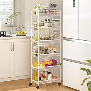 6 Tier Slim Rolling Storage Cart, Narrow Mobile Shelving Unit Organizer Utility Cart with Wheels, Metal Wire Storage Rack with Baskets for Kitchen, Bathroom, Laundry & Living Room, 10in(W) White