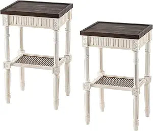 COZAYH Set of 2 French Country Tray Top End Tables with Wicker Shelf, Distressed Rustic Accent Side Table - Cottagecore, Boho Decor - Weathered Brown & White