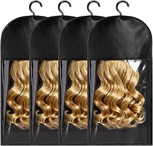 4 Pack Wig Storage Bags with Hanger, 24 Inch, Black