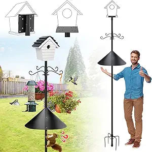 95 Inch Bird Feeder Pole with Squirrel Baffle - Adjustable Height Bird House Feeding Station Stand with Heavy Duty 5-Prong Anchor Shepherds Hook Hanger for Outdoor Garden Birds Watching