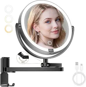 Brightown 8" Wall Mounted Makeup Mirror with Lights & Magnification 1X/10X