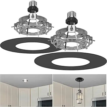 5 and 6 inch Recessed Can Light Conversion Kit, Ceiling Light Fixture Upgrade, Pendant & Hanging, 7 Inch Flat Steel Ceiling Medallion, Black Finish 2 Packs