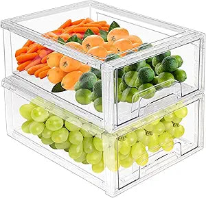 MANO 2Pack Clear Fridge Drawers Pull Out Stackable Refrigerator Drawer Organizer Bins Pantry Storage Box Plastic Food Containers for Kitchen Bathroom Office Closet (2pack Large)