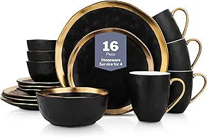 Stone Lain Florian Modern Porcelain 16 Piece Dinnerware Set, Plates and Bowls Set, Dish set for 4, Black And Golden Rim