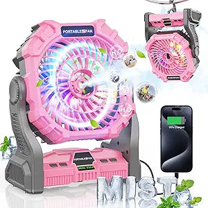 Portable Misting Fan with 12000mAh Rechargeable Battery, RGB Light, Timer & Hook, Perfect for Camping, Fishing, Beach, Travel & Hurricanes (Pink)