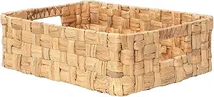 YAHUAN Water Hyacinth Storage Basket Handwoven Wicker Shelf Basket, Shallow Basket Tray Organizer with Handles for Home