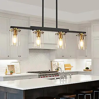 4-Light Kitchen Island Lighting,Dining Room Lights Modern Farmhouse Chandelier with Clear Glass Shade,Modern Rustic Black and Gold Metal Chandelier, Kitchen Pendant Light Fixtures Over Table