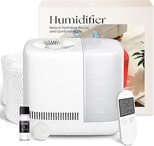 Evaporative Humidifier for Bedroom (No Mist) Γ Dishwasher Safe, No White Dust, Smart Remote with Sensor, Red Sleep Light, White Noise, Nursery Humidifier with 2.5L Tank, 2 Filters & Aroma Kit