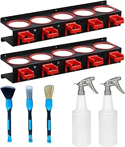 Spray Bottle Rack (2 PCS), Storage Organizer for Car Detailing Tools, Wall Mount, 5 Compartments + 5 Hooks, 21.7 x 4.7 x 3.3 inch, Black, Red