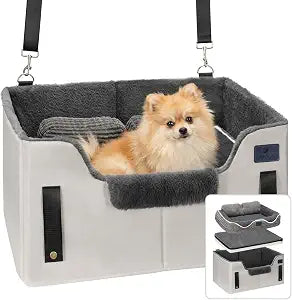 Veehoo 2-in-1 Dog Booster Car Seat & Pet Bed for Small Medium Dogs up to 50lbs, Foldable Travel Car Seat with Safety Leash, Non-Slip Removable Washable Cover