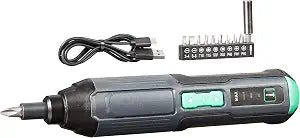 Amazon Basics by SKIL 4V Cordless Stick Screwdriver with 10-Piece Bit Set, USB Cable, LED Light, 3 Torque Settings