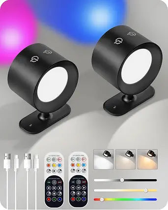 Battery Operated Wall Sconce Set of 2, Rechargeable Wall Lights with Remote Control, 3 Color Temp 3 RGB Dimmable, 360 Rotation Cordless Wall Mount Lamp for Hallway Bedroom, Black B02YBP206