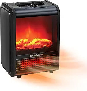 Comfort Zone Electric Mini Fireplace Space Heater with Realistic 3D Flame, Stay-Cool Body, Carry Handle, Overheat Sensor, and Safety Tip-Over Switch, Ideal for Home, Bedroom, & Office, 1,200W, CZFP1BK