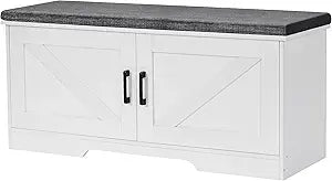 HOMSHO 2-Tier Storage Bench, 39.4" Wide Shoe Bench with Padded Seat Cushion, Entryway Bench with 2 Barn Doors and Adjustable Shelf, White