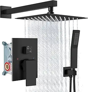 Aolemi Shower Faucet Set Rain Shower System with Handheld Spray Bathroom Shower Combo Rough-in Valve and Shower Trim Kit Included Matte Black 10 Inch Wall Mount Shower Head