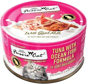 Fussie Cat Premium Canned Wet Cat Food in Goat Milk Gravy - 2.47 oz Cans - Case of 24 Cans (Tuna & Oceanfish)