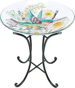 MUMTOP Bird Bath-Bird Baths for Outdoors - Hummingbird Glass Large Bird Bath Bowl with Metal Stand, Bird Feeders for Outside and Garden, Patio,Lawn Decor