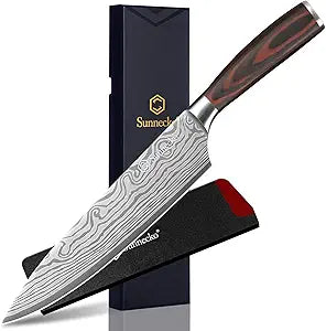Sunnecko 8 Inch Chef Knife - Ultra Sharp 12-15 Degree Edge Kitchen Knife for Meat Vegetable Cutting Japanese Style, High Carbon Stainless Steel Blade, Pakkawood Handle &Sheath, Cooking Father Day Gift