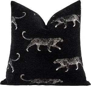 Croker Horse New 20x20'' inches Throw Pillow Cushion Covers - Black Color with Chenille Jacquard Embroidery Golden Leopard Luxury Modern Style Couch Sofa Bed Pillow Cover for Living Room Bedroom