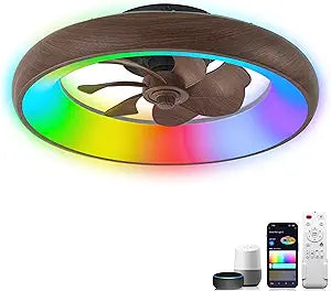 Low Profile Ceiling Fans with Lights, Dimmable Smart RGB Ceiling Fan With Alexa/Google Assistant/App/Remote Control, 6-Speeds Reversible Walnut Woodgrain LED Ceiling Fan for Bedroom Kitchen Foyer