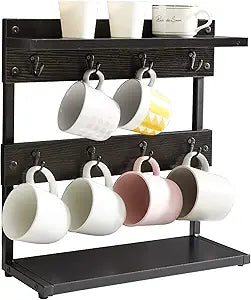 IBUYKE Rustic Coffee Mug Holder Stand, 2 Tier Countertop Mug Tree Holder Rack with Storage Base, Vintage Mug Holders for Kitchen, Holds 8 Mugs, Black UTBJ002B