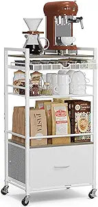 Coffee Bar Cabinet with Storage5 Tier Coffee Station Table on Wheels, 33.6" H Cart with Drawer for Home Kitchen, Liquor Buffet Sideboard Cabinet (Modern White)