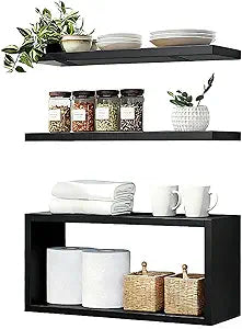 Wall Mounted Floating Shelf, c Long for Bedroom Living Room Kitchen Staircase Bathroom Above Toilet Wall Decoration Book Storage Room Recoration (3piece Set) Black