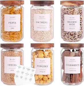 6 Set Glass Pantry Storage Jars with Acacia Airtight Lid - 23oz Thicken Glass Kitchen Canisters with 132 Pantry Labels - Clear Glass Food Storage Containers with Wood Lid for Tea,Sugar,Cookie,Coffee