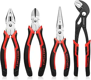 MAXPOWER 4-Piece Pliers Set: 8" Lineman, Diagonal Cutters, Needle Nose, 10" Water Pump Plier